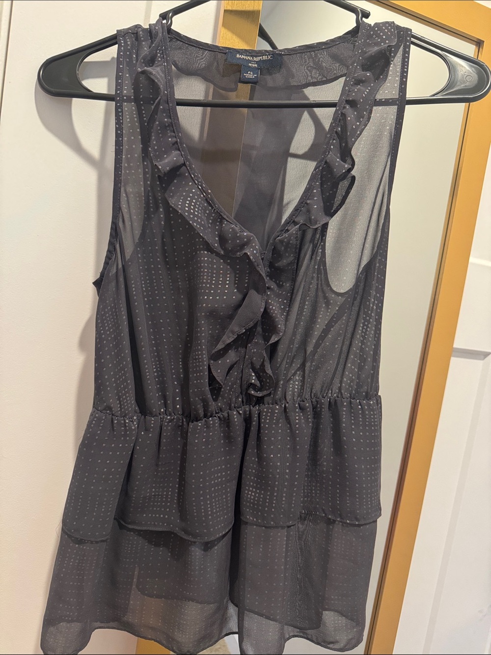 Banana Republic Charcoal Gray Sleeveless Ruffle Dot Chiffon Top